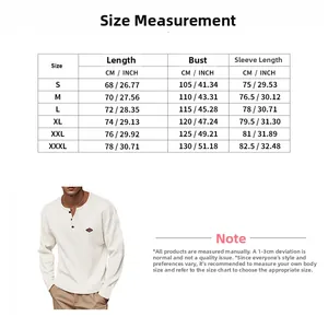Detailed size chart for men waffle knit henley shirt with measurements in CM and INCH