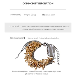Detail view of multi-layered leaf tassel bracelet with adjustable 9cm extender chain