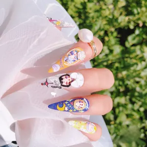 Detailed view of 5D embossed nail art featuring 3D pearls and white bows in Japanese style