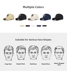 Detail view of five baseball caps with shield logo embroidery and brim color contrast