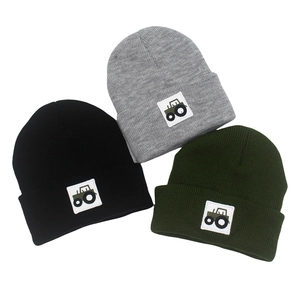 Kids Knitted Beanie Hat Acrylic Warm Winter Tractor Embroidery Patch Ribbed Cuff For Toddler Boys Girls Casual