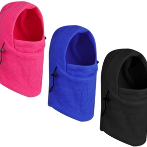 Windproof polar fleece balaclava ski masks in pink, blue, and black with drawstrings