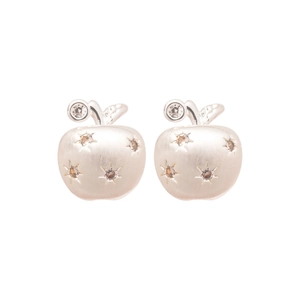 Minimalist 18K silver-plated apple stud earrings with brushed metal finish and zircons