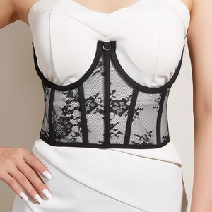 Women Western Vintage Textile Lace Mesh Corset Belt Slimming Waist Cincher With Boning Tie-up Underbust Bustier Fashion Girdle
