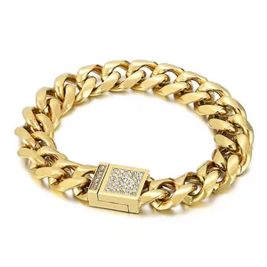 Cuban Link Chain Bracelet Iced Out Rhinestone Clasp Stainless Steel Hip Hop Punk Jewelry For Men Unisex