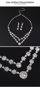Macro detail of the floral zircon necklace and matching earrings in silver plating