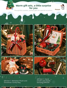 Detail of Christmas rattan gift basket with plush deer, candy bag and aromatherapy set