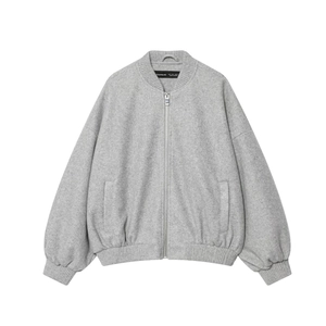 Women's minimalist loose gray bomber jacket in soft felted wool with zipper closure