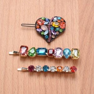 Three-piece colorful crystal hairpin set with heart and geometric rhinestone designs