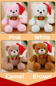Detail view of plush Christmas teddy bears in four colors with festive hats and scarves