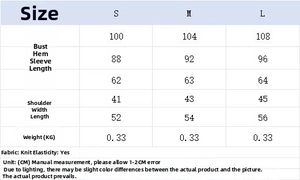 Detailed size chart for women's color block knit cardigan with measurements for S, M, L
