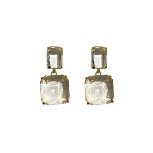 Elegant geometric gold framed clear crystal earrings in a double square drop design