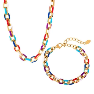 Chic gold titanium steel jewelry set featuring colorful enamel drops and chain links