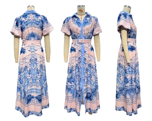Three-view detail of light pink floral shirt dress with blue print and waist belt