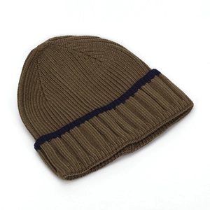 Classic ribbed knit beanie in coffee brown with dark blue striped cuff for winter warmth
