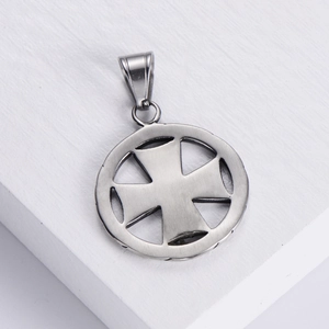 Minimalist stainless steel iron cross round pendant with brushed metal finish for men and women
