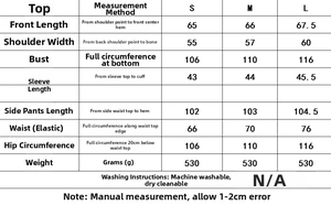 Size guide for women's linen set showing bust, waist, and length in centimeters
