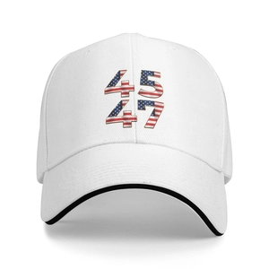 White baseball cap featuring 45 and 47 numerals with American flag pattern detail