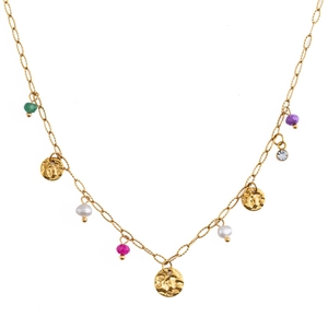 Golden stainless steel necklace with white pearls, colorful beads and a round coin pendant