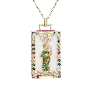 Gold tarot card pendant necklace with colorful zircon stones and sun pattern