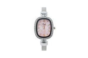 Front view of a stylish women's watch with a crystal bezel and pink textured dial.