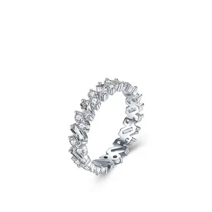 Luxurious S925 sterling silver geometric eternity ring with round and rectangular zircons