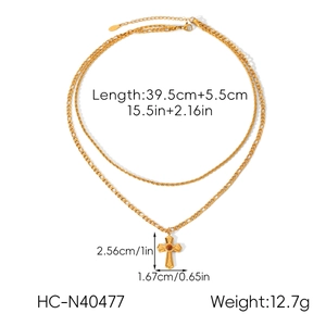 Detailed size specs for double-layer gold cross pendant necklace with tiger eye stone