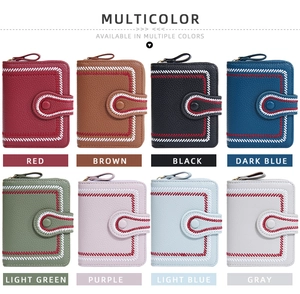 Short bifold card holder wallets in eight colors with elegant stitching and snap button closure