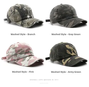 Vue détaillée de casquettes de baseball camouflage en quatre couleurs en coton délavé