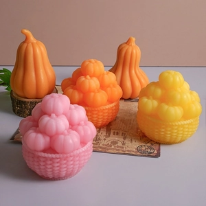Detailed texture of pumpkin candles in woven baskets with autumn festival colors