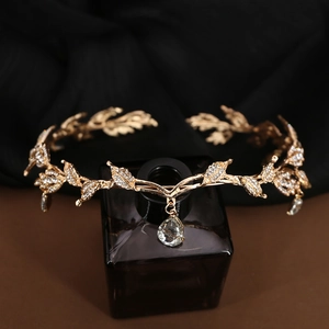 Leaf Bridal Crown Tiara Alloy Rhinestone Crystal Water Drop Pendant Wedding Party Hair Accessories Vintage Elegant Women