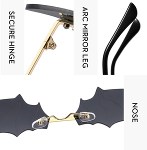 Détail des lunettes chauve-souris montrant charnières en métal et branches en arc