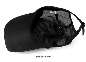 Detail view of black mesh baseball cap interior with breathable 100% nylon fabric and metal buckle
