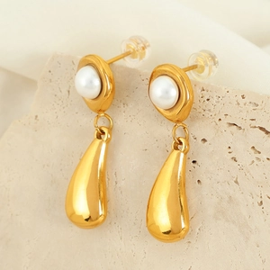 French vintage water drop earrings with pearls and 18k gold plating on titanium steel