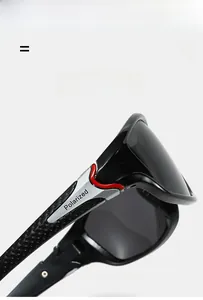 Detail of polarized sunglasses arm with anti-slip texture and red flexible accent
