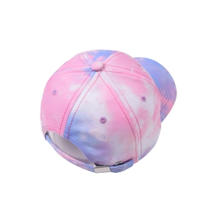 Detail of the tie-dye baseball cap featuring a silver metal adjustable buckle on the back