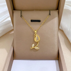 Tulip Pendant Necklace Stainless Steel Chain Copper Cat Eye Stone Zircon Floral Elegant Clavicle Chain For Women