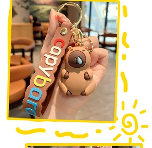 Detail of cute brown capybara silicone keychain with wrist strap and golden metal clasp
