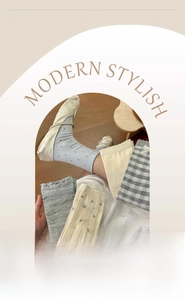 Close-up of high-elasticity ribbed cuffs on blue and beige cotton socks for women