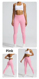 Vue détaillée du legging de yoga sans couture rose à taille haute devant et dos