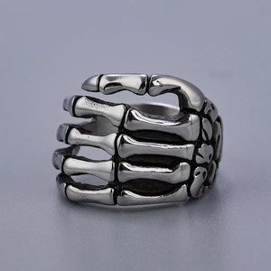 Vintage punk stainless steel skull hand ring with gothic skeleton bone wraparound design