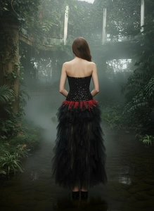 Detailed back view of a black sequined evening gown featuring layered tulle and red feathers