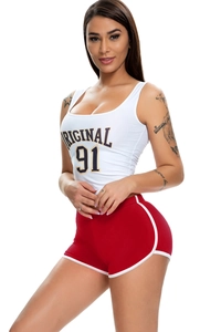 Detail of white tank top with 'ORIGINAL 91' print and red contrast shorts