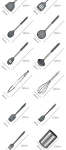 Detailed view of 12pcs dark grey silicone kitchen utensil set with precise size measurements