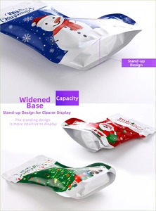 Macro detail showing wide stand-up base and Christmas prints on festive plastic bags