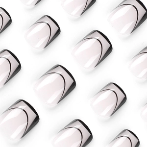 Short square press-on nails with black French tip design and glossy finish