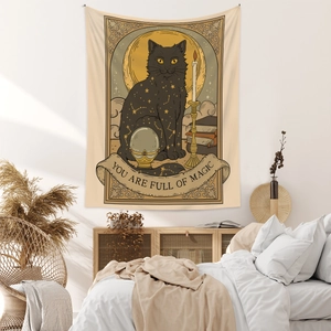 Bohemian black cat tapestry wall hanging with stars and You Are Full Of Magic text