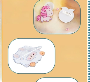 Detailed view of acrylic unicorn brooch featuring secure safety pin and protective film