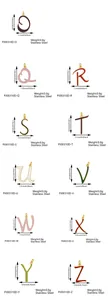 Detailed size specifications for 18K gold plated stainless steel alphabet charms O to Z
