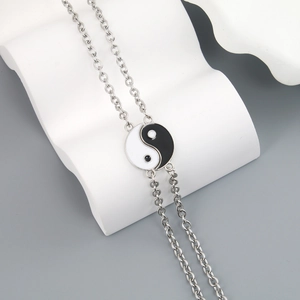 Yin Yang Tai Chi stainless steel chain bracelet for couples with minimalist silver finish